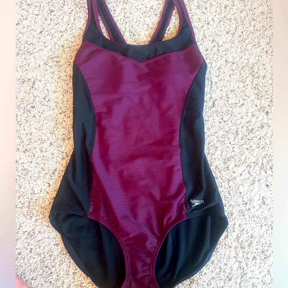 Speedo one piece swim suit black purple large